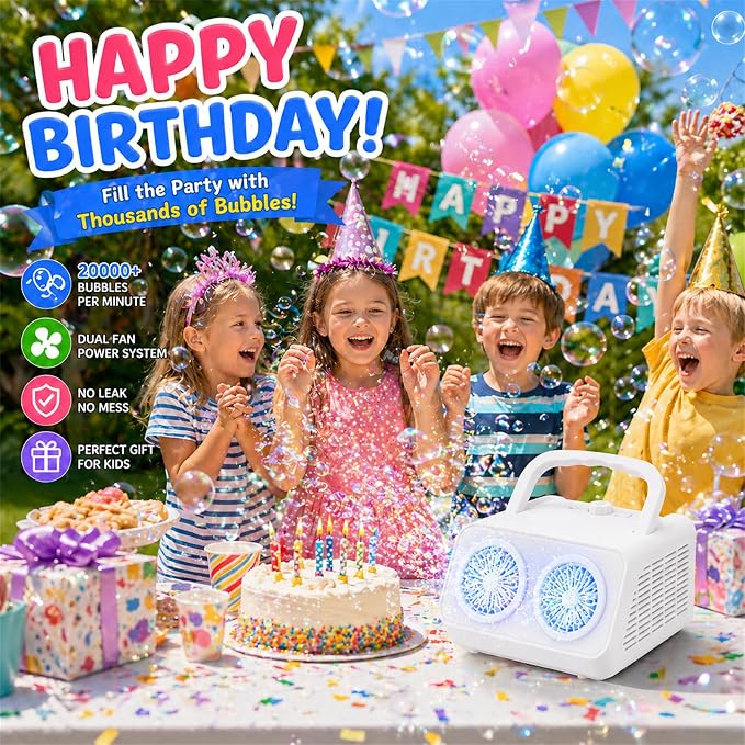 SHCKE Automatic Bubble Machine with 2 Fans,20000+ Bubbles/Min | Dual power USB-C/AA, No-Leak Sealed Bottle,Portable Bubble Maker for Pool, Wedding, Camping, Birthday Parties