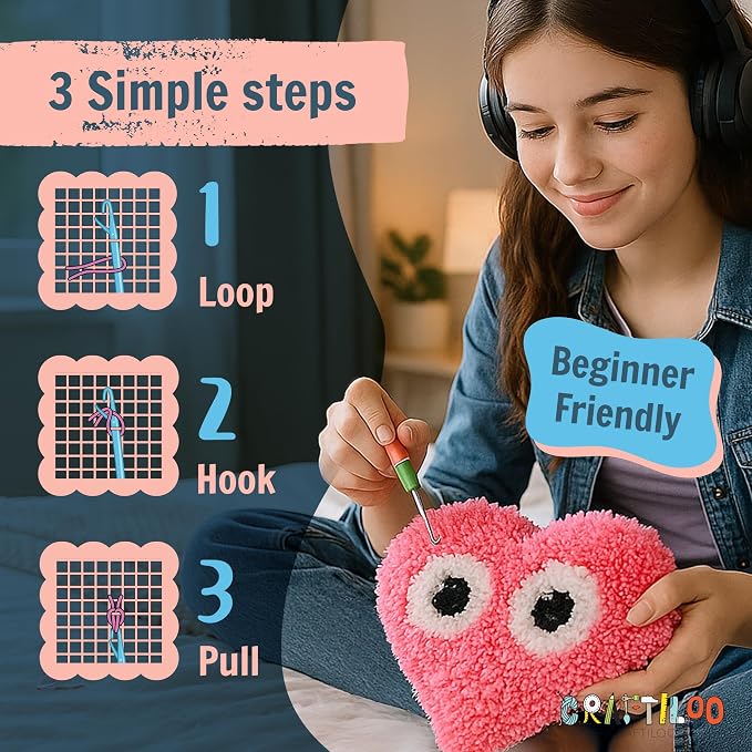 CRAFTILOO Latch Hook Kit for Kids Rug DIY Pillow Craft with Hook, Precut Yarn, Easy to Follow Pattern Cute Designs with Googley Eyes Heart Ages 6+