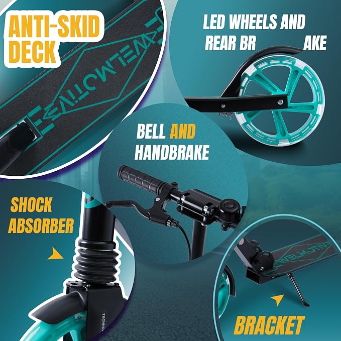 Kick Scooter for Kids Ages 8+ Teens & Adults, with Front handbrake and Rear Brake, and Adjustable Handlebars, Big Sturdy PU Flash Wheels Great Gift & Toy