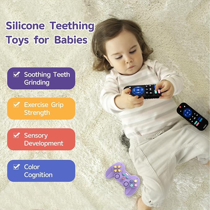 Hooku 2 Pack Remote Teether for Baby, Silicone Teethers for Babies 6-12 Months, Baby Teething Toys for Babies 0-6 Months, Remote Control Toy, Infant Gifts for Boys Girls