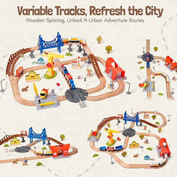 94pcs Wooden Train Set, Modern City Adventure Railway Track for Kids with Bridge, Tunnel, Crane, Town Buildings, Compatible with Most Brand, Christmas Toy Gift for Boys Girls Age 3-8