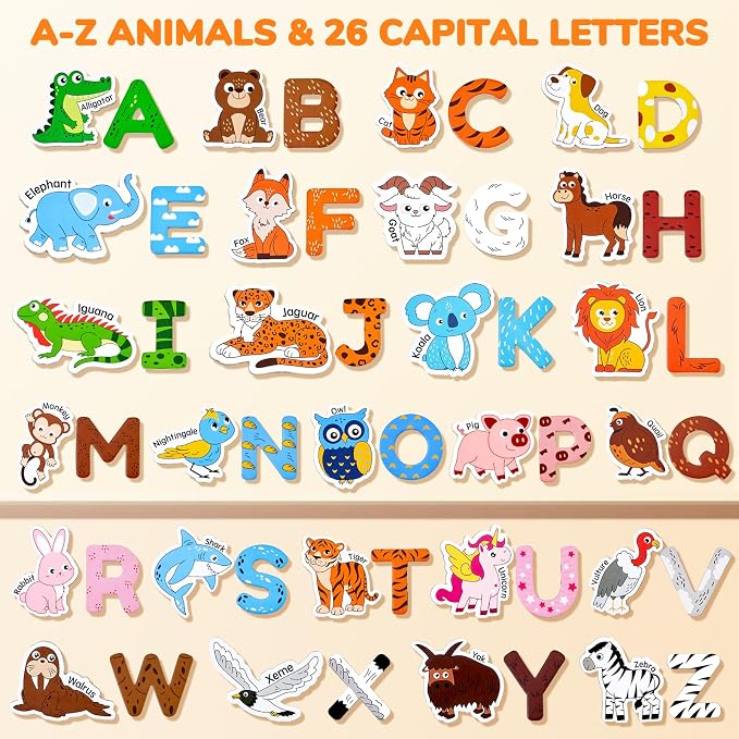 JoyCat Wooden Fridge Magnets for Toddlers – 26 Cute Animals & Uppercase Letters, Large Refrigerator ABC Alphabet Magnets Set for Kids, Preschool Learning Spelling Alphabet Gifts Toy for Ages 2+