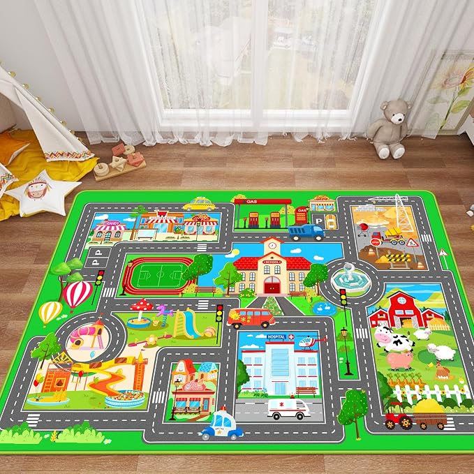 Kids Car Playmat, Kids Rug for Playroom Car Mat Town City Road Traffic Rugs, Play Mat for Floor, Extra Large Boys Kid Car Track Play Rug (Style SIX, 59X 39.4 INCH)