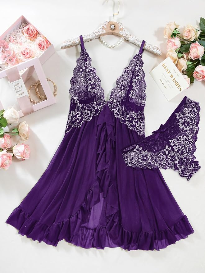 Foxiny Sexy Open Front V Neck Ruffle Sheer Mesh Lace Wireless Babydoll Lingerie Dress with Thong 2 Piece