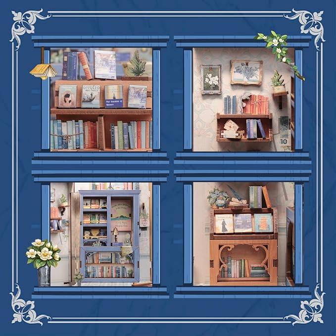 CUTEBEE DIY Book Nook Kit, Miniature House Kits for Adult and Teens, DIY Miniature Book Nook kit with Sensor Led Light, Gifts for Lovers and Family (Literature Bookstore)