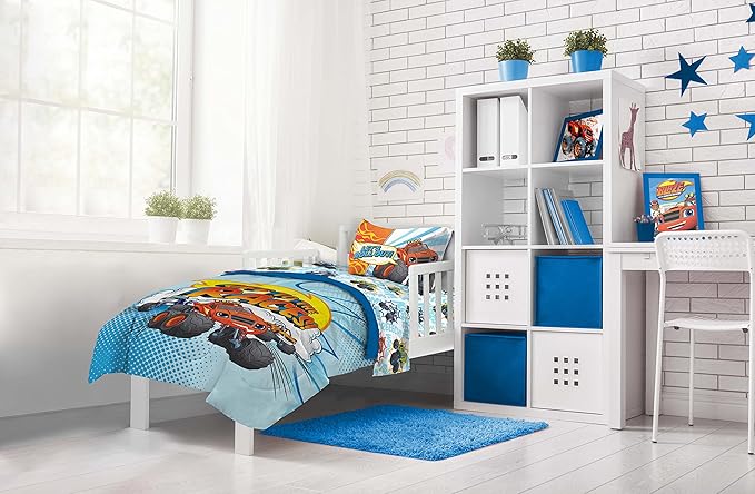 Jay Franco Blaze and the Monster Machines Off to The Races 4 Piece Toddler Size Bed Set – Super Soft Microfiber Bed Set Includes Size Comforter & Sheet Set (Official Blaze Product)
