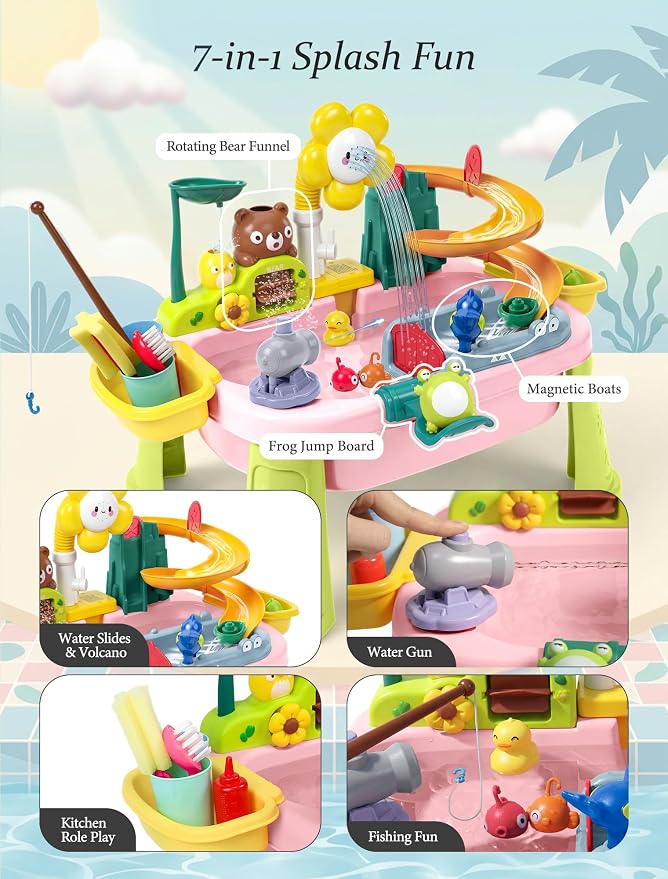Water Table for Toddlers 1-3 with Pump: Summer Sensory Play Sink, Kitchen Fishing Playset with Running Water, Indoor Outdoor Montessori Water Toy Gift for Kids, BPA-Free, Non-Toxic