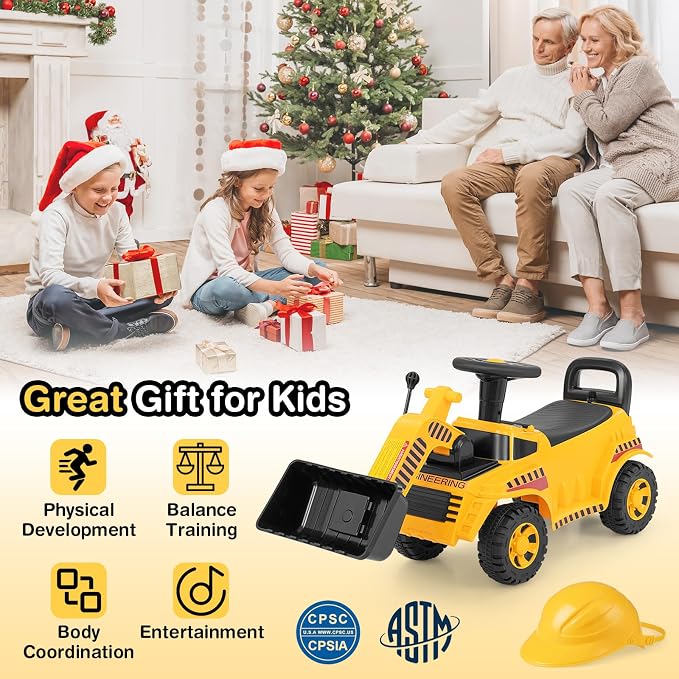 Costzon Ride On Bulldozer, Sit and Scoot Ride on Push Car for Toddlers with Helmet, Front Loader Shovel & Engine Sound, Under-seat Storage, Anti-Rollover Device, Kids Construction Truck, Gift