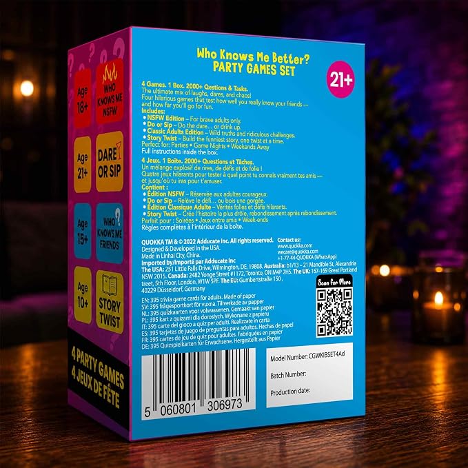 QUOKKA Party Games Set – Who Knows Me Better Collection with 4 Game in 1 Box – 2000+ Questions – Card Games for Adults and Teens – Board Game for Family Night, Friends & Couples Ages 15+