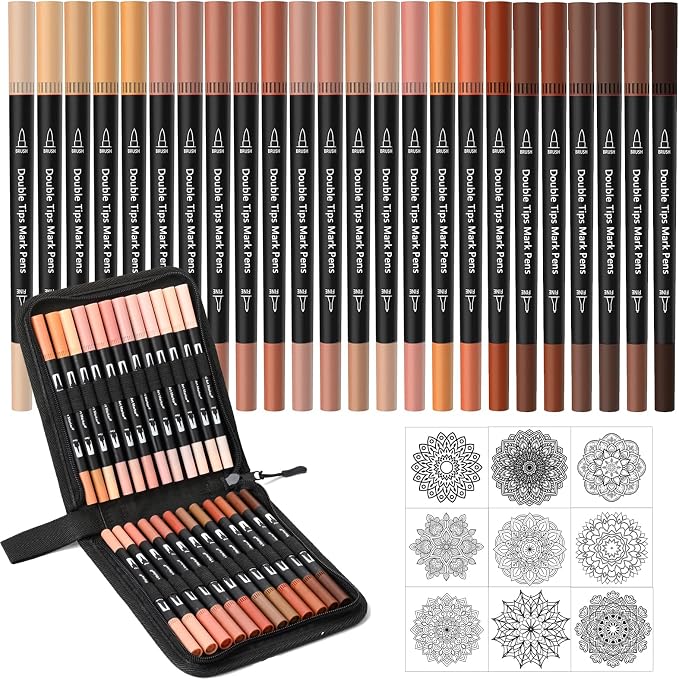 24 Color Skin Tone Double Tip Brush Pens Art Markers,Colored Artist Fine Brush Pen Coloring Markers for Adult Drawing Art Craft Kit