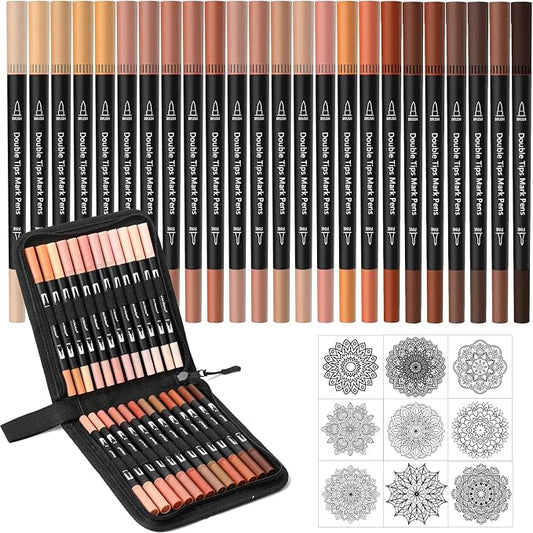 24 Color Skin Tone Double Tip Brush Pens Art Markers,Colored Artist Fine Brush Pen Coloring Markers for Adult Drawing Art Craft Kit