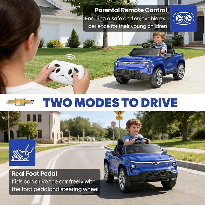 24V Ride On Toy, Licensed Chevrolet Silverado Vehicle for Kids, Birthday Gift Electric Cars with Remote Control for Toddlers, Wide Seat, Soft Start, 3 Speed, Music Player, Blue