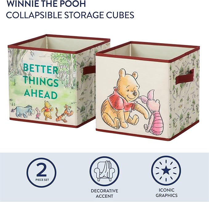 Disney Winnie the Pooh Storage Cubes, Set of 2 Fabric Storage Bins with Handles, 10x10 Collapsible Cube Organizer Baskets for Nursery, Kids Room, Playroom, Closet & Shelf Storage