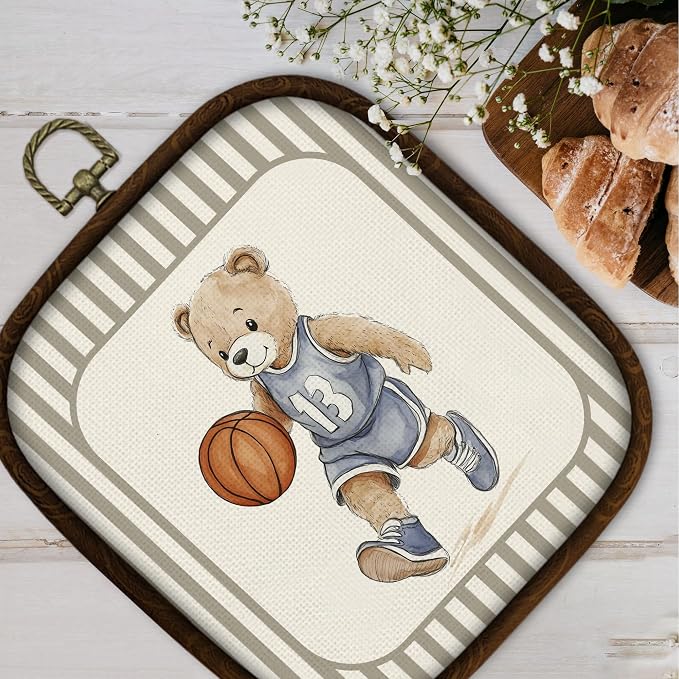 WULQYING Vintage Bear Basketball Wall Art Decor, Retro Nursery Sports Square Framed Canvas Art Prints, Toddler Striped Wall Hanging Decor for Home Kids Playroom Boys Bedroom, 5.7x6.5 Inches