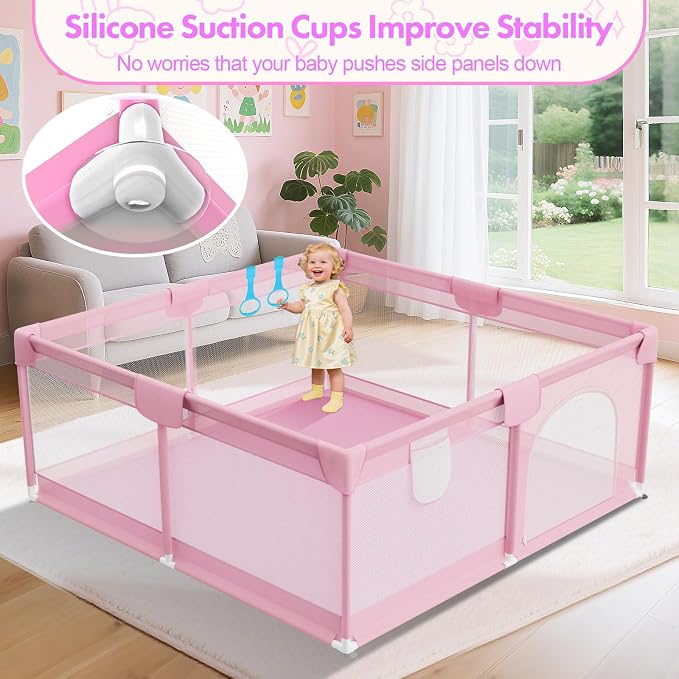 Pink Baby Playpen for Girls - 64"x64" Large Playard with Anti-Collision Soft Corners Sturdy Safety Play Yard for Babies and Toddlers Indoor Infant Activity Center with Non-Slip Suckers
