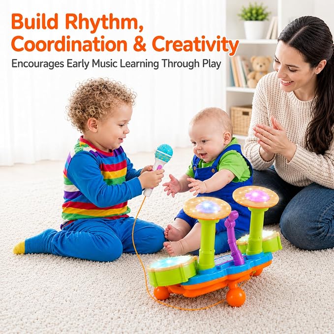 Toddler Drum Set for Toddlers, Baby Drum Set with Microphone & Lights, Kids Musical Instrument Toy for Boys Girls, Birthday Gift, Toddler Music Toy, Early Learning Toy