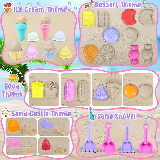 REZUCREY Collapsible Beach Toys for Toddlers, Sand Bucket and Shovels Set, Ice Cream Tea Set Travel Sand Toys for Beach & Mesh Bag, Castle Essentials Toy for Toddlers Kids Boys Girls Age 3-10