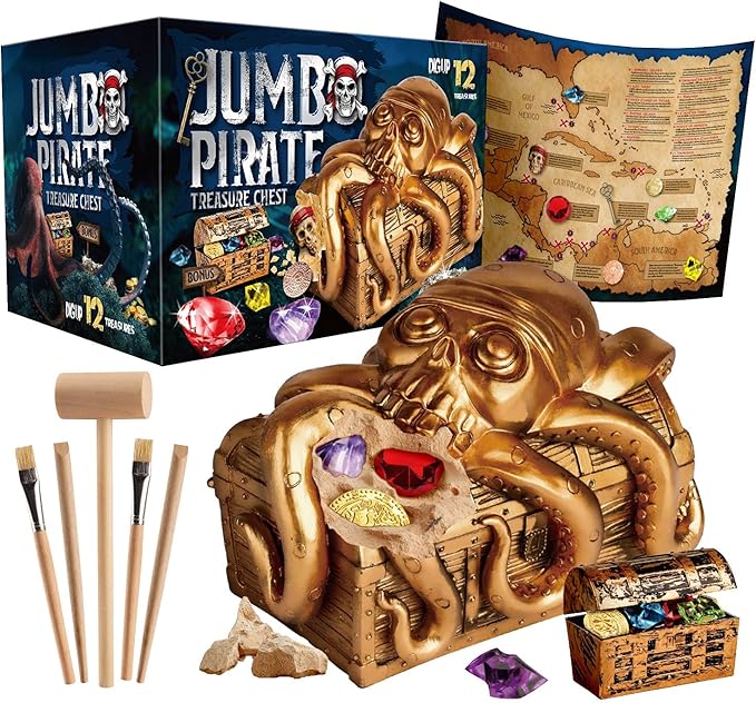Jumbo Pirate Treasure Chest Dig Kit - Dig Up 12 Gems & Pirate Treasures, STEM Science Educational Toy Gifts for Boys, Girls & Kids Ages 6–12, Excavation Dig Party Favors