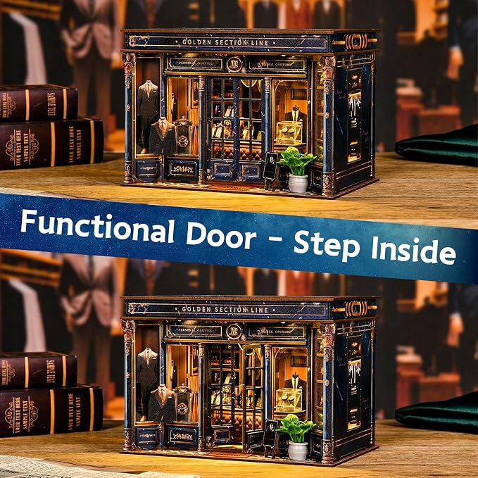 DIY Miniature Dollhouse Kit with LED Light, 3D Wooden Puzzle Book Nook Kit for Adults and Teens, Creative Tailor Shop Model Kit to Build, Home Decor Hobby Gift (Golden Section Line)