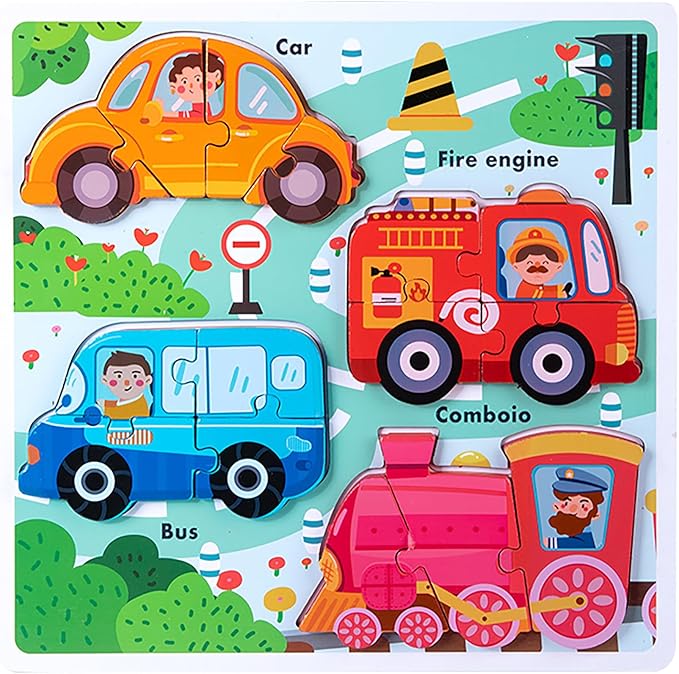 Jumbo Base Wooden Blocks Puzzles for Toddlers 1-3 ，Educational Toys for 2-3 Years Old,Toddler Montessori Gifts Vehicle Car Truck Puzzles Ages 2-4