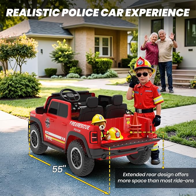 24V Ride On Fire Truck with Remote Control, 2 Seater RAM 1500 Electric Fire Engine for Kids, LED Lights, Siren & Megaphone, Slow Start, 3 Speeds, Spring Suspension, Battery Powered Ride On Car