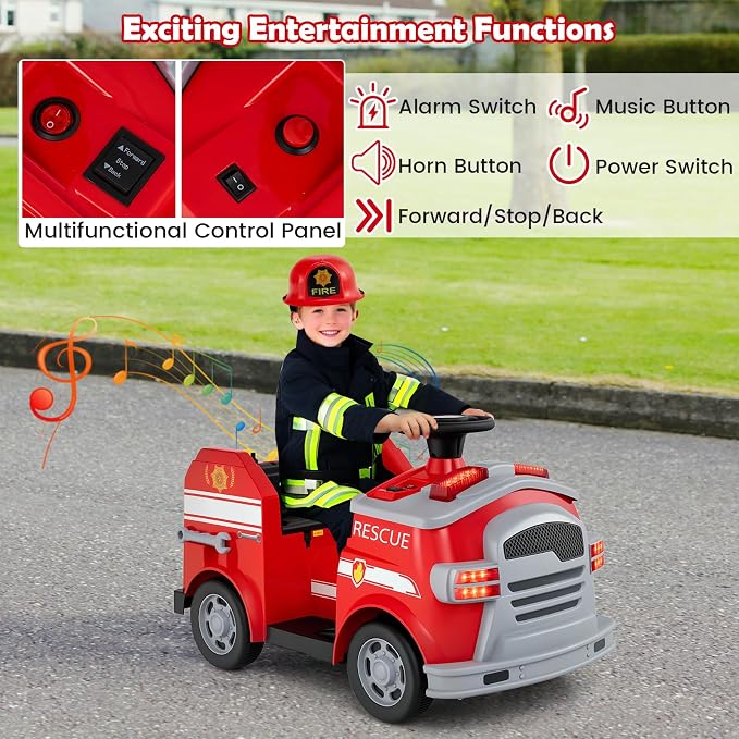 Costzon Ride on Fire Truck, 12V Toddler Fire Toy Kids Car w/Shovel & Wrench, Fire Extinguisher, Ladder, Safety Hat, 4 Anti-Slip Wheels, Music, Alarm, Horn, Electric Vehicle Gift for Toddlers (Red)