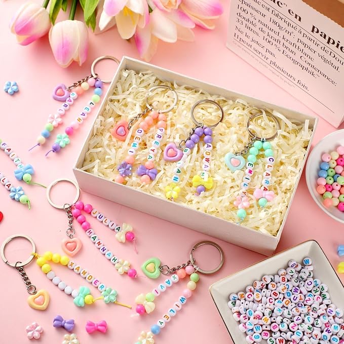 Landical 564 Pcs Bow Heart Keychain Making Kit DIY Name Bead Key Chain Craft Adjustable Letter Beads String Pastel Alphabet Jewelry Backpack Accessories Back to School Gift Favor(Pastel Color)