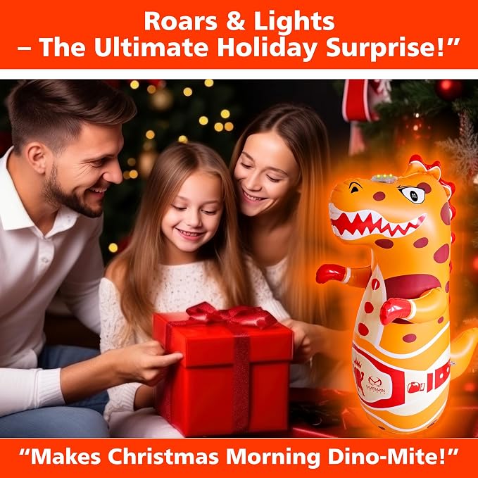Marwan Sports Dinosaur Punching Bag for Kids Ages 3-10 — 47" Sensory Bop Bag, Glow-in-the-Dark with Roaring Sounds & Color Changing Lights | Indoor Energy Burner & Birthday Gift for Active Kids