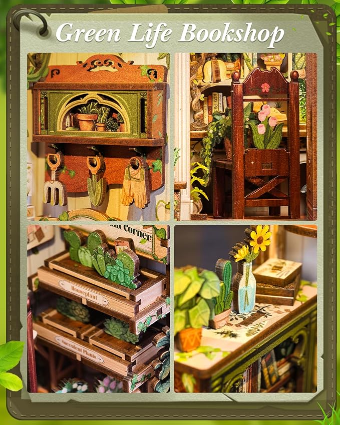 Cutefun Book Nook Kit - DIY Miniature Dollhouse Booknook Kit for Adults and Teens, 3D Wooden Puzzle Bookshelf Insert Decor with LED Light, Gifts for Book Lovers and Beginners (Green Life Bookshop)