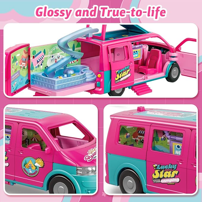 Dollhouse Camping RV Playset for Girls - Kids Camper Van Toy with Slide, Pool, Tent, BBQ Grill & Doll Accessories - Pretend Play Outdoor Adventure Toy Birthday Gift for 3 4 5 6 7 8 Year Old