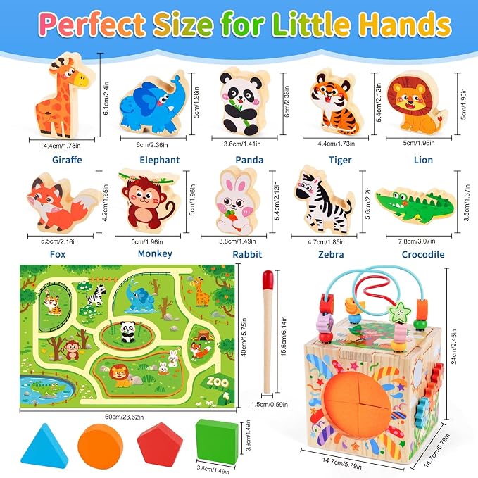 KMTJT Wooden Activity Cube Toddler Toys 12-18 Months, 7-in-1 Montessori Learning Toys for 1 2 Year Old Boys Girls, Bead Maze Sensory Toy, First 1st Birthday Gifts with Sorting & Stacking Board (Pink)