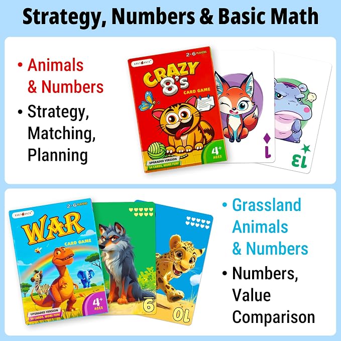Upgraded Kids Card Games Pack, 6 Decks, Go Fish, Old Maid, Crazy Eights, Memory Match, Slap Jack, War, Playing Cards, Easter Basket Stuffers, Stocking Stuffers | Go Fish, Old Maid, Crazy Eights, Memory Match, Slap Jack, War. For family nights, travel, ...