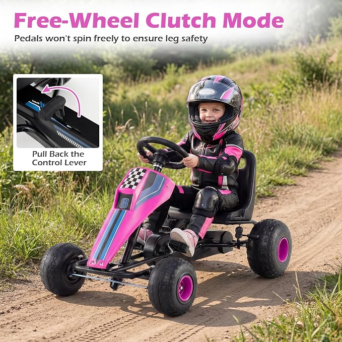 Costzon Pedal Go Kart, 4 Wheel Ride on Toy Pedal Car with Adjustable Seat, Handbrake, Free-Wheel & Pedal Modes, Outdoor Bicycle Go Cart with Wear-Resistant Wheels, Gift for Boys and Girls (Pink)