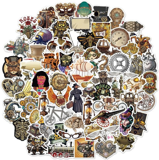 QTL Steampunk Stickers for Adults Teens, Steampunk Party Supplies, Waterproof Vinyl Stickers for Water Bottles and Laptop, 75PCS