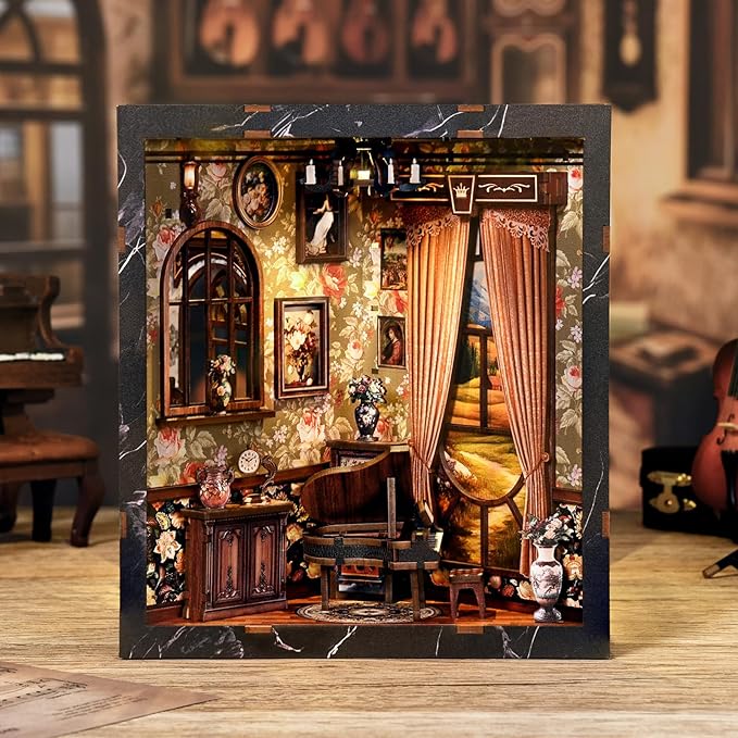 DIY Miniature House Kit, Book Nook Kit, A Scene on Every Side, 3D Wooden Puzzles Bookshelf Craft Kits, Dollhouse Kit with LED Light, Mini Building Kit for Adults Teen (European Melody Instrument Box)