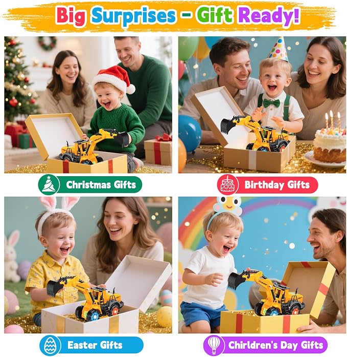 Car Toys for Toddlers, Excavator Toy with 2 Flashing Lights Music, Toy Trucks Construction Vehicle with 1 Moving Arm, Baby Toys for 3 4 5 6 Year Old Boys, Kids Valentine's Day Easter Birthday Gifts