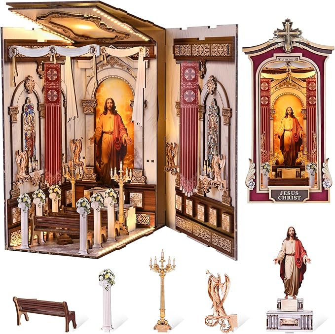Book Nook DIY Kit,3D Wooden Puzzle with LED Bookend Bookshelf Decoration,Miniature Doll House for Home Decor, Jesus Christ Spiritual Gift,Cathedral