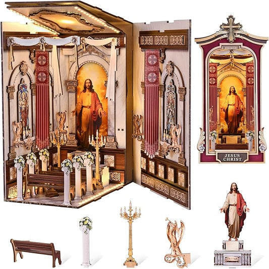 Book Nook DIY Kit,3D Wooden Puzzle with LED Bookend Bookshelf Decoration,Miniature Doll House for Home Decor, Jesus Christ Spiritual Gift,Cathedral
