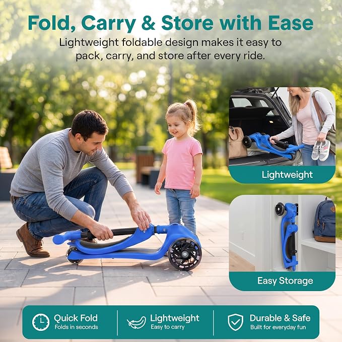 SereneLife 3 Wheel Scooter for Toddlers & Kids, Foldable Seat, LED Wheels, Adjustable Handlebar, Anti-Slip Deck, Rear Foot Brake, Lean-to-Steer, Kid Scooter Ages 18M–7Y, Supports up to 110 lbs., Blue