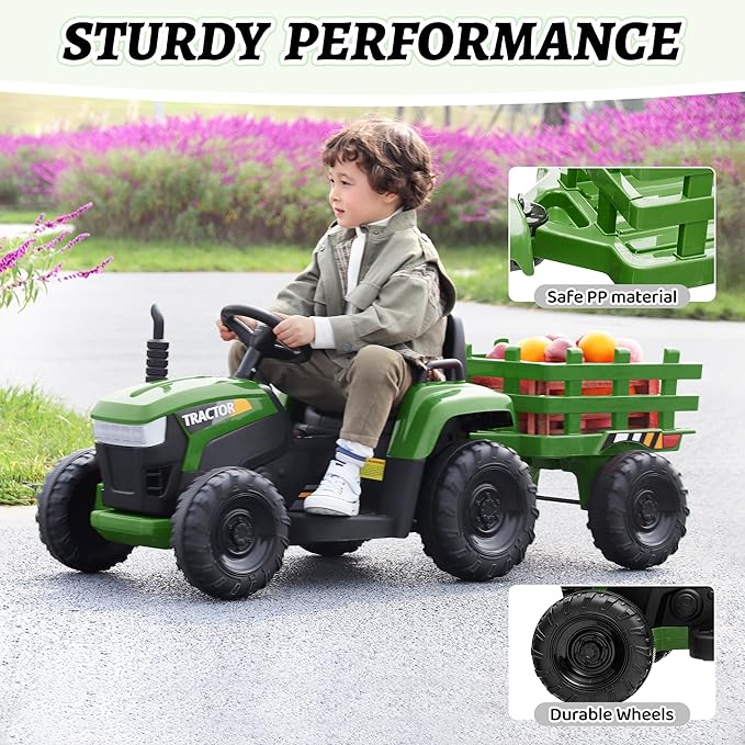 TOBBI Kids Electric Ride On Toy Tractor, Toddlers 12V Battery-Powered Car to Drive, 35W Dual Motor 6-Wheels Trailer Vehicle with 3-Speeds/LED & Horn Functions for Chirdren Aged 3-8-Dark Green