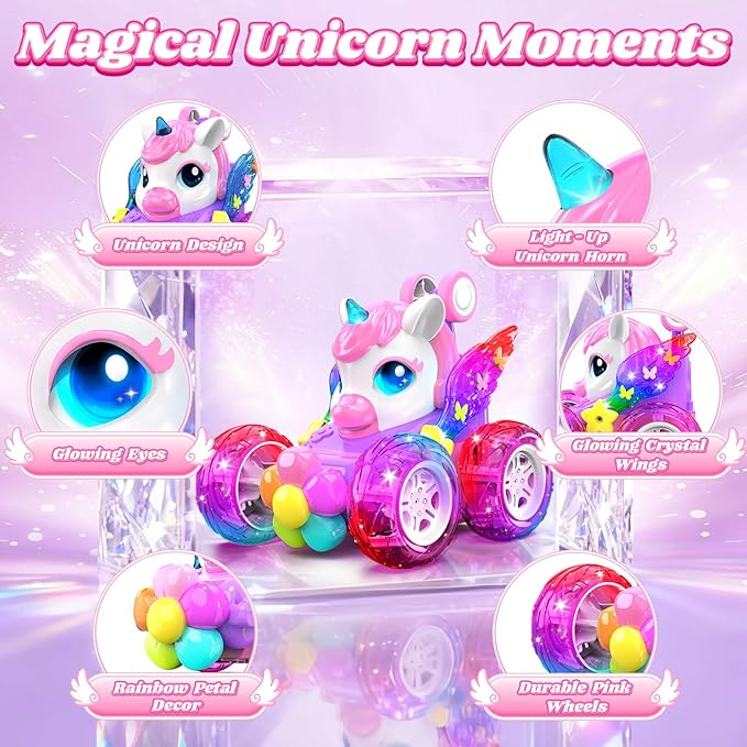 Unicorn RC Cars for Girl Toys with Glowling Crystal Wings & Eyes Lights, 360° Rotation Remote Control Car Pink Unicorn Stunt Car Kids Toys Birthday Gifts for 3 4 5 6 7 8 9 10 Year Old Girls