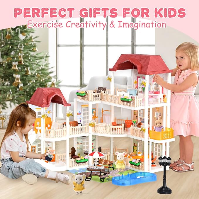 TUZT Doll House with 45 Pcs Furniture and Accessories, 3-Story with 4 Animal Dolls, Food Cooking Set, Warm Lights, Pool Slide and Movable Elevator, Pretend Play Dream Dollhouse for Girls 3+