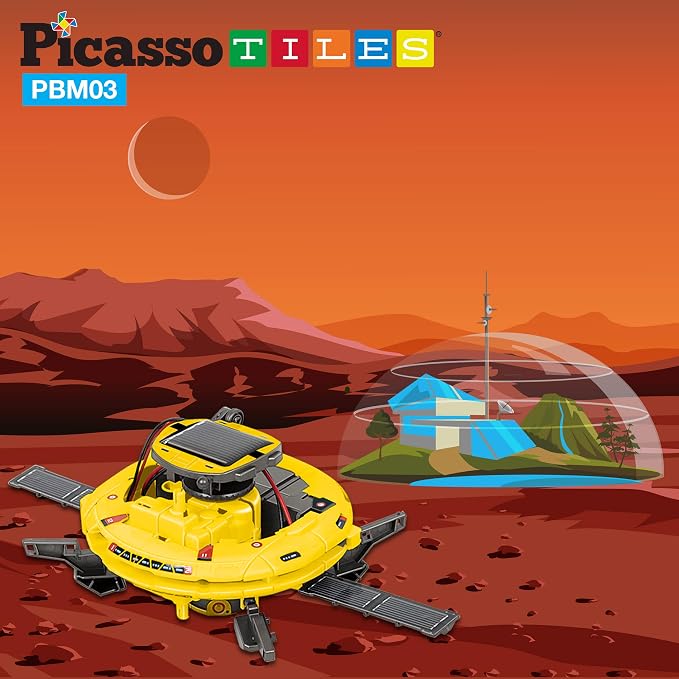 PicassoTiles STEM Kids Solar Powered Space Robot Educational Learning Engineering Building Toy 6-in-1 Creative Unique Transformation Renewable Sun Energy Science Experiment DIY Kit Boys Girls Age 8+