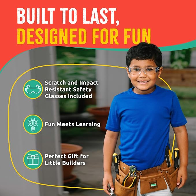 SparkJump Kids Brown Tool Belt, Adjustable Tool Belt for Toddlers and Kids, Dress-Up Construction Costume for DIY Woodworking and STEM Learning
