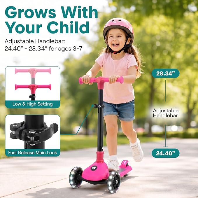 SereneLife Toddler Scooter, Adjustable Micro Scooter for Ages 2-5, Lightweight Kids 3 Wheel Design with LED Light-Up Wheels, Anti-Slip Deck & Lean-to-Steer Control, Indoor/Outdoor Use (Pink)