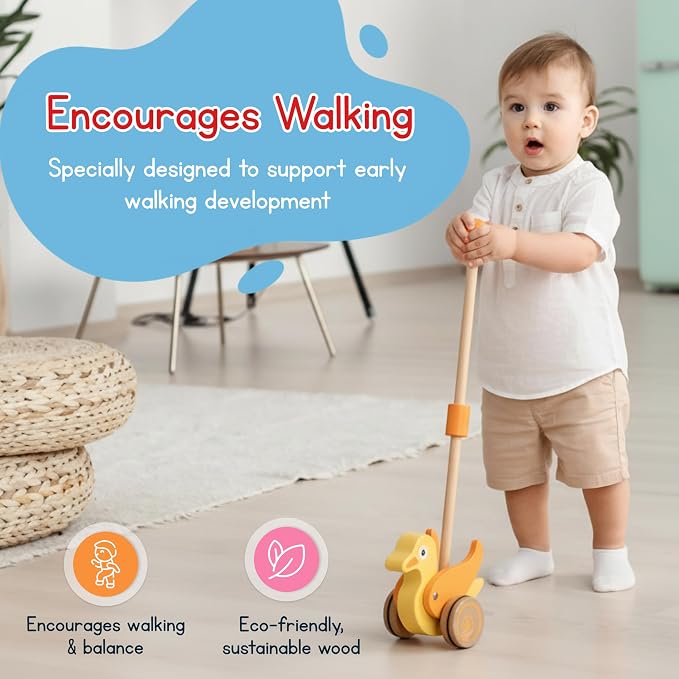 Wooden Duck Push Toy by Jack Rabbit Creations- Classic Toddler Push Toy for Early Walking, Balance and Motor Skills Development- Collapsible & Eco-Friendly- Boys & Girls Ages 1+