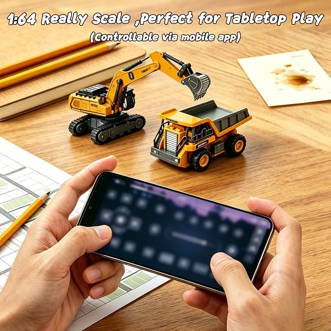 2 PCS Mini Remote Control Construction Vehicle Toy Set 1:64 Excavator and Dump Truck Toy Set with Lights Sounds & Traffic Sign & Construction Site Map Movable Parts GIFS for Kids & Adults