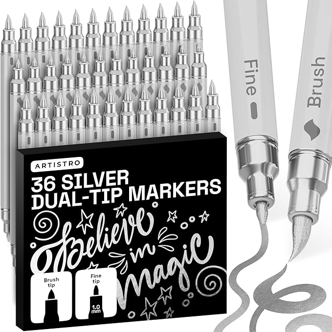 ARTISTRO 36 Silver Acrylic Paint Markers - Paint Pens for Drawing - For Fabric, Rock, Glass, Wood, Molds - Arts & Crafts Gift for Adults, Teens, Kids, Classroom Must Haves & School Supplies