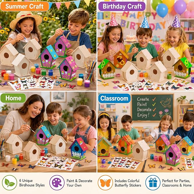 Sawysine 107 Pcs DIY Birdhouse Kits for Kids Ages 5-8 8-12, 48 Wooden Bird House Kits in 6 Shapes and 57 Butterfly Sticker for Children Summer Craft Art Activity, DIY Project(107,Multiple Entrance)