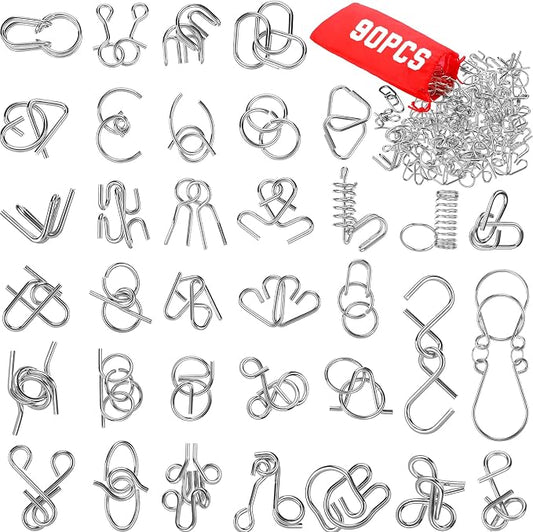 Set of 90 Metal Brain Teaser Puzzles with Pouch, Steel Puzzle Games Physics Mind Metal Wire Puzzles for Adults Basket Stocking Stuffers for Teen Boys Girls Kids Desk Trinkets Challenge Gift